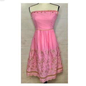 Express Strapless Barbie Pink Embroidered Dress Gold Accents Size 8